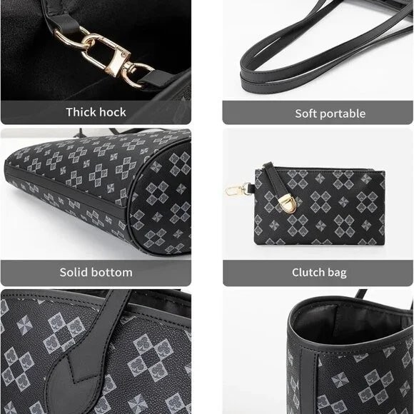 Women's Vegan Leather Tote Shoulder Handbag Set with Wallet for Daily Use - Picture 5 of 8